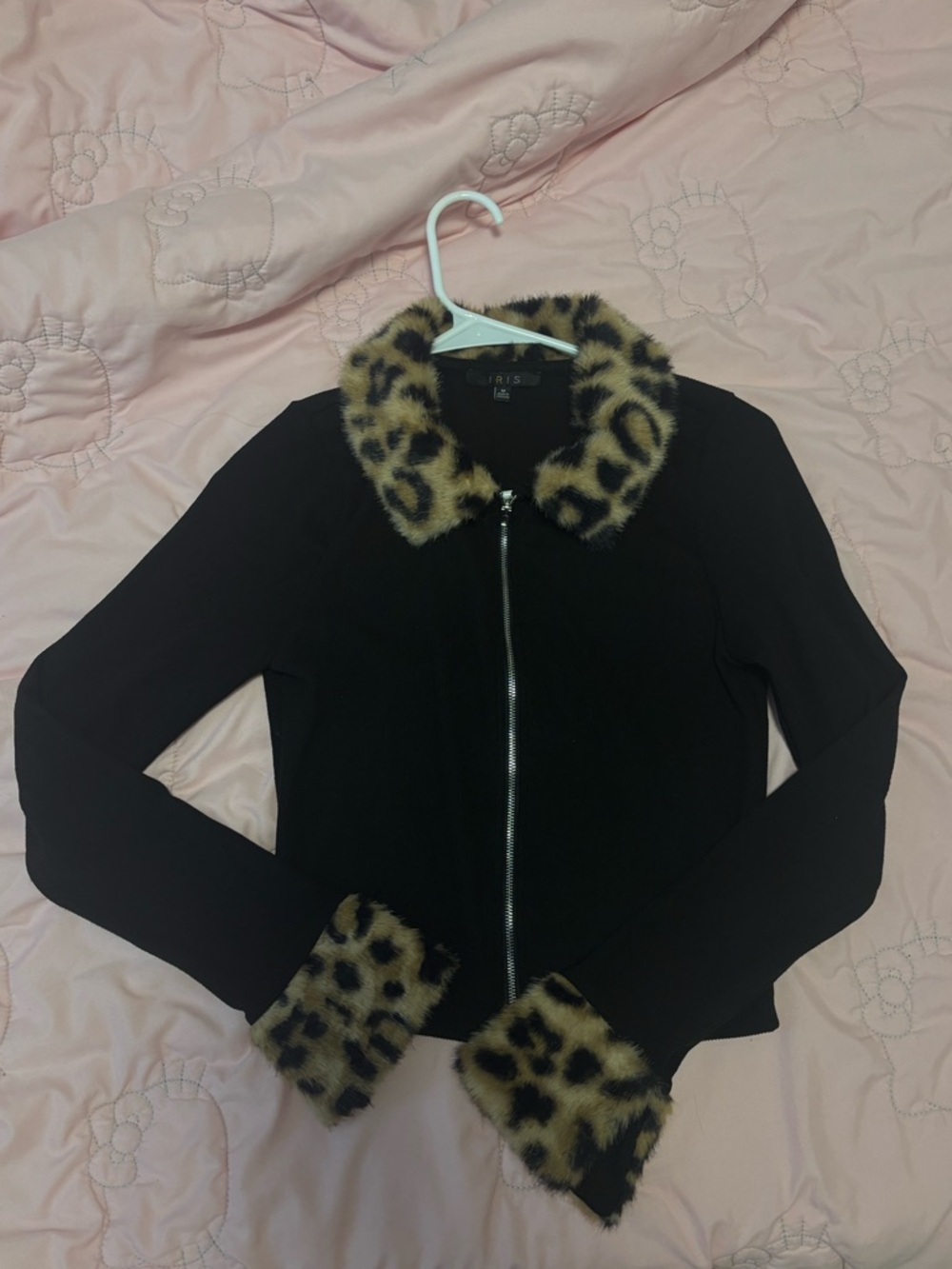 iris Black Jacket with Tan and Black Leopard Faux-Fur Collar